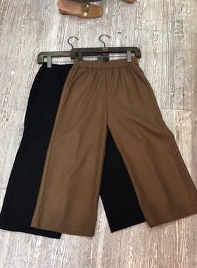 茗苒黑色毛呢阔腿裤2022秋冬宽松显瘦简约松紧腰百搭九分休闲裤女