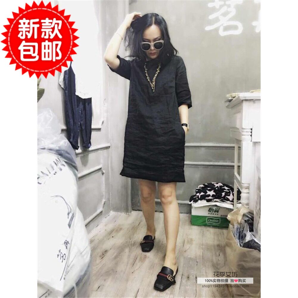 茗苒2021春夏秋棉麻休闲宽松显瘦中袖chic连衣裙中长款大码女装潮