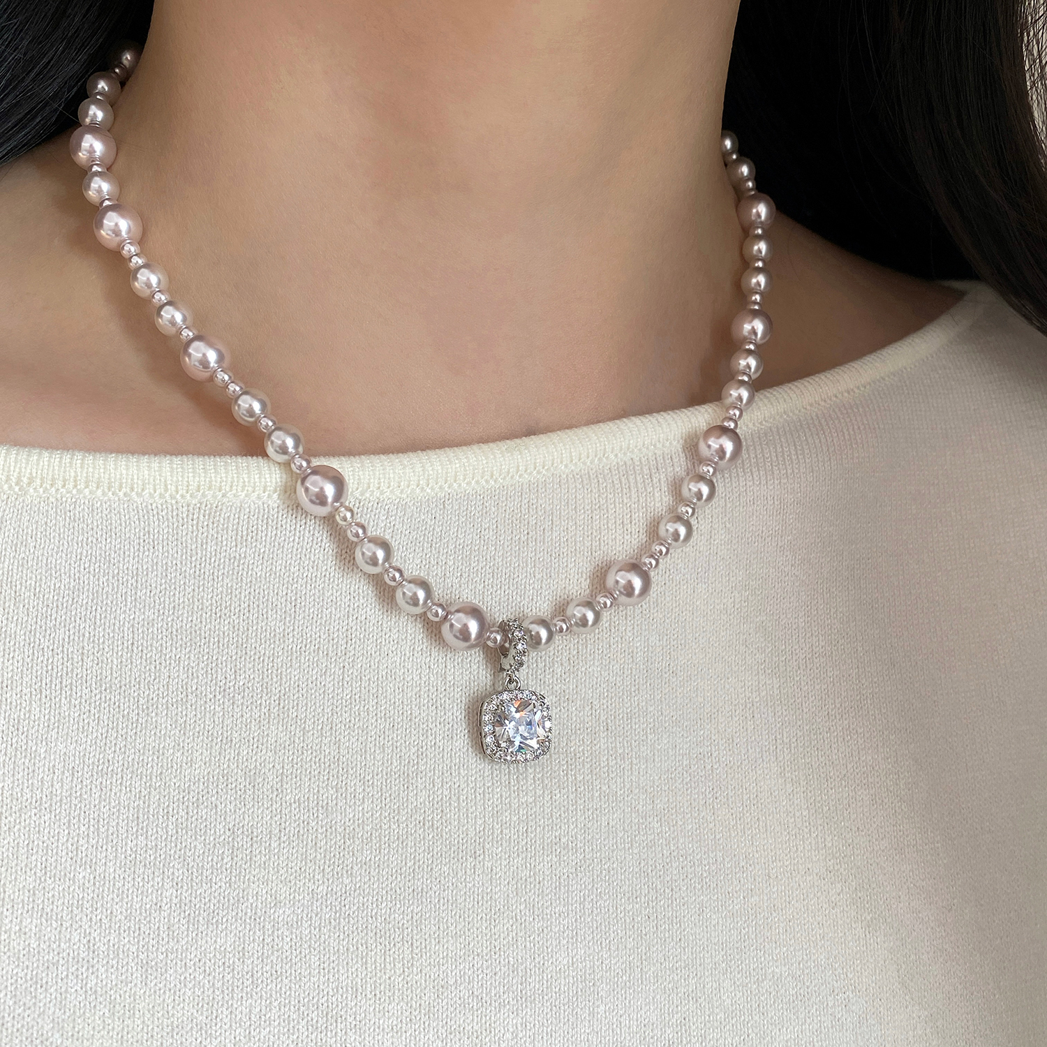 大米饰品】曼塔玫瑰方钻施家珍珠项链轻奢小众设计感颈链锁骨链女