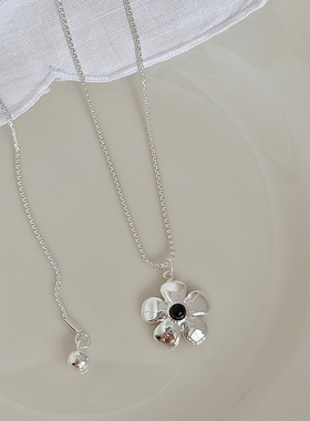 新品85折】黑玛瑙银色花朵吊坠抽拉项链女小众设计可调节长毛衣链