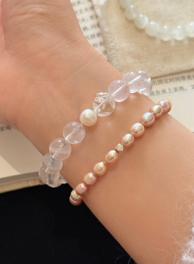 新品88折】春夏粉晶叠戴天然淡水珍珠手链小众清新少女感甜美手串