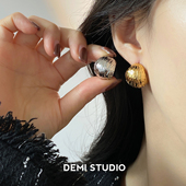 大米饰品 S925银针圆球镂空耳钉时髦设计感褶皱肌理花纹耳环耳饰