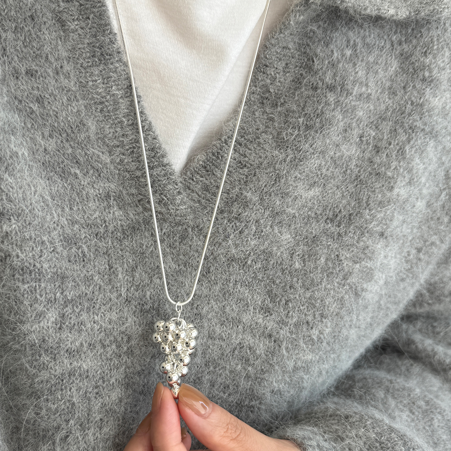 大米饰品】日韩小众银色葡萄串长款项链冷淡风简约吊坠毛衣链配饰