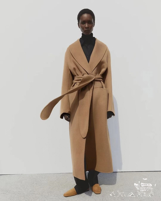 青果领长款羊毛呢外套长款大衣