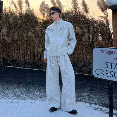 小众解构拉链铆钉立领夹克套装