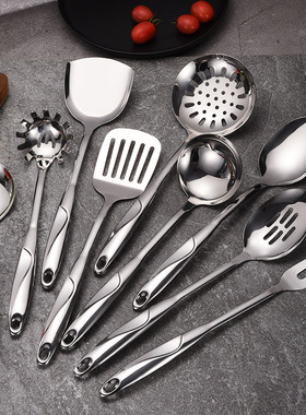 不锈钢加厚厨具S型空心柄炒菜铲子全套粥勺肉叉厨具全套汤漏勺