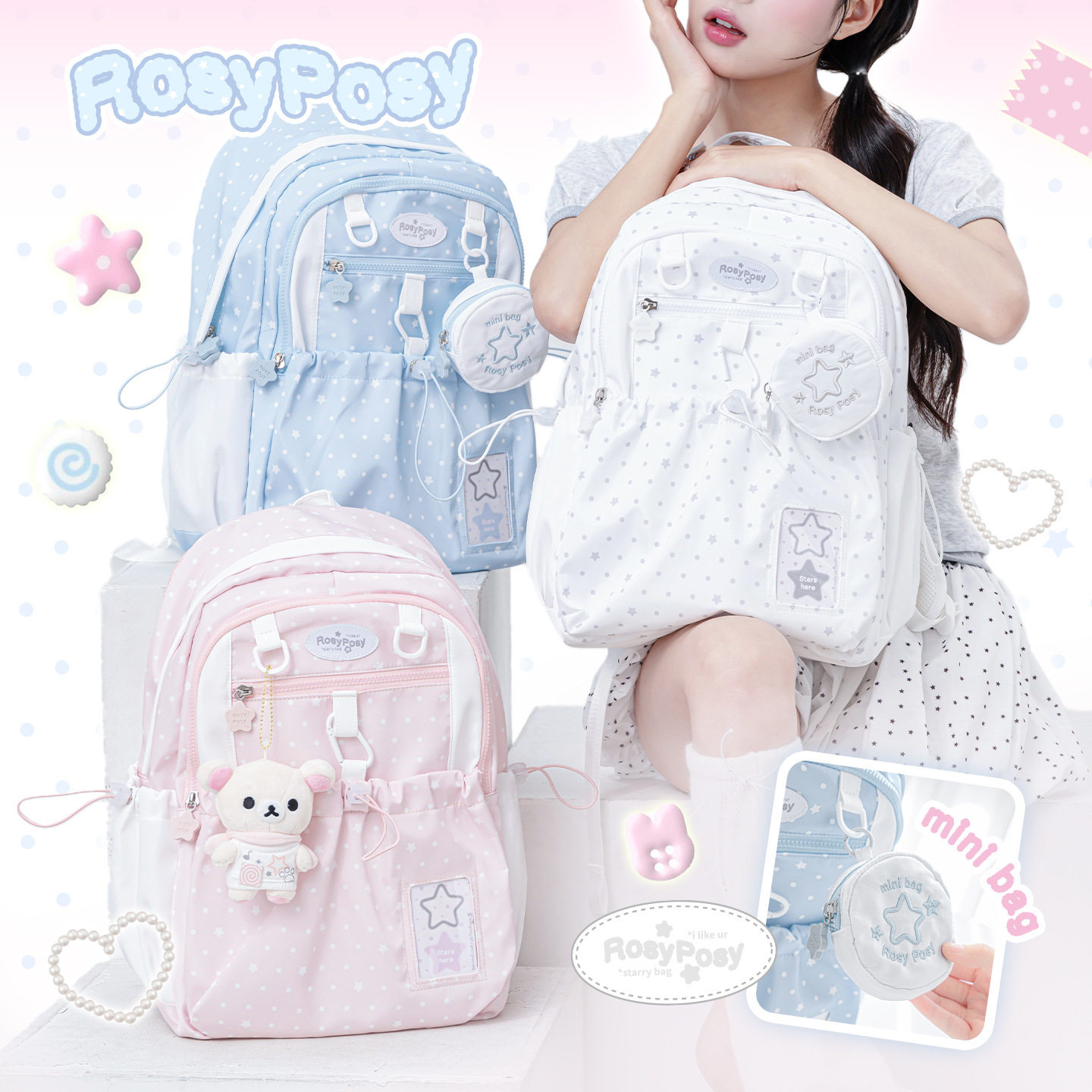 RosyPosy柔设 波点抽绳书包 高颜值大容量初中生双肩包女生背包