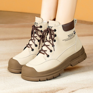女靴加绒牛皮白色马丁靴女粗跟英伦女鞋厚底靴子洋气高帮短靴女靴