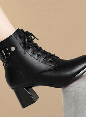 粗跟短靴女马丁靴低帮黑色英伦2025新款冬季加绒靴子中跟冬秋单靴