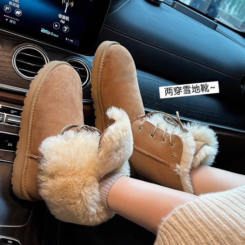 桑坡羊皮毛一体系带中筒雪地靴女