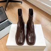 内增高7cm切尔西短靴女复古褶皱水洗牛皮粗跟女方头英伦风骑士靴