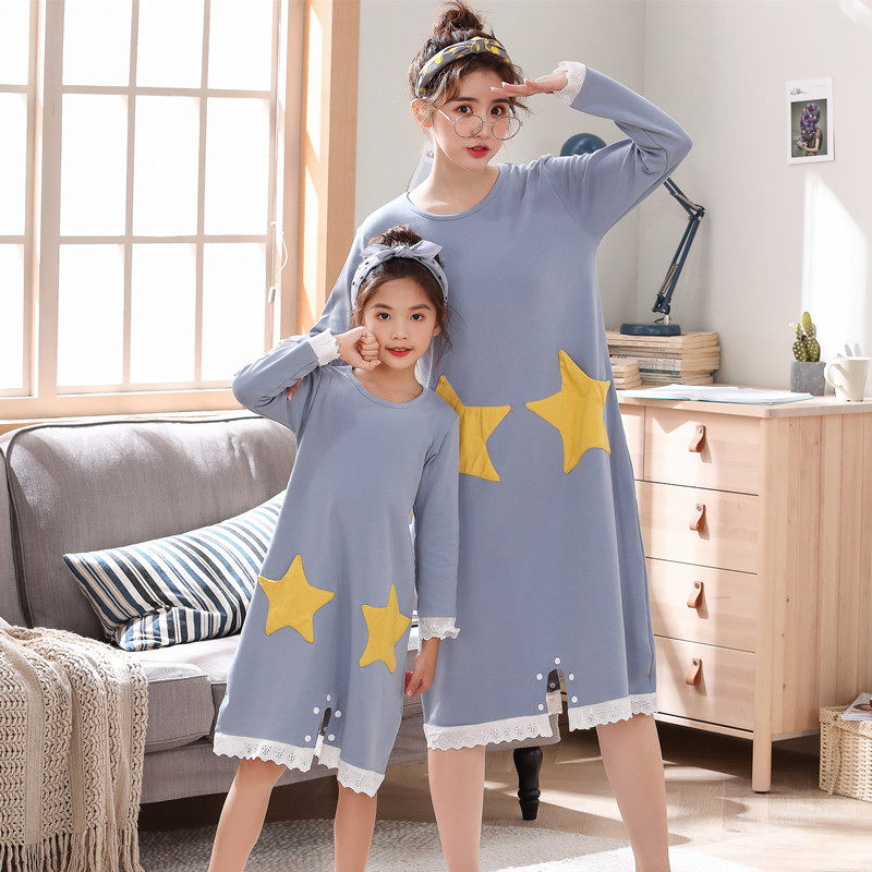 春秋季连体睡衣长袖睡裙女童小女孩宝宝亲子装母女儿童家居服