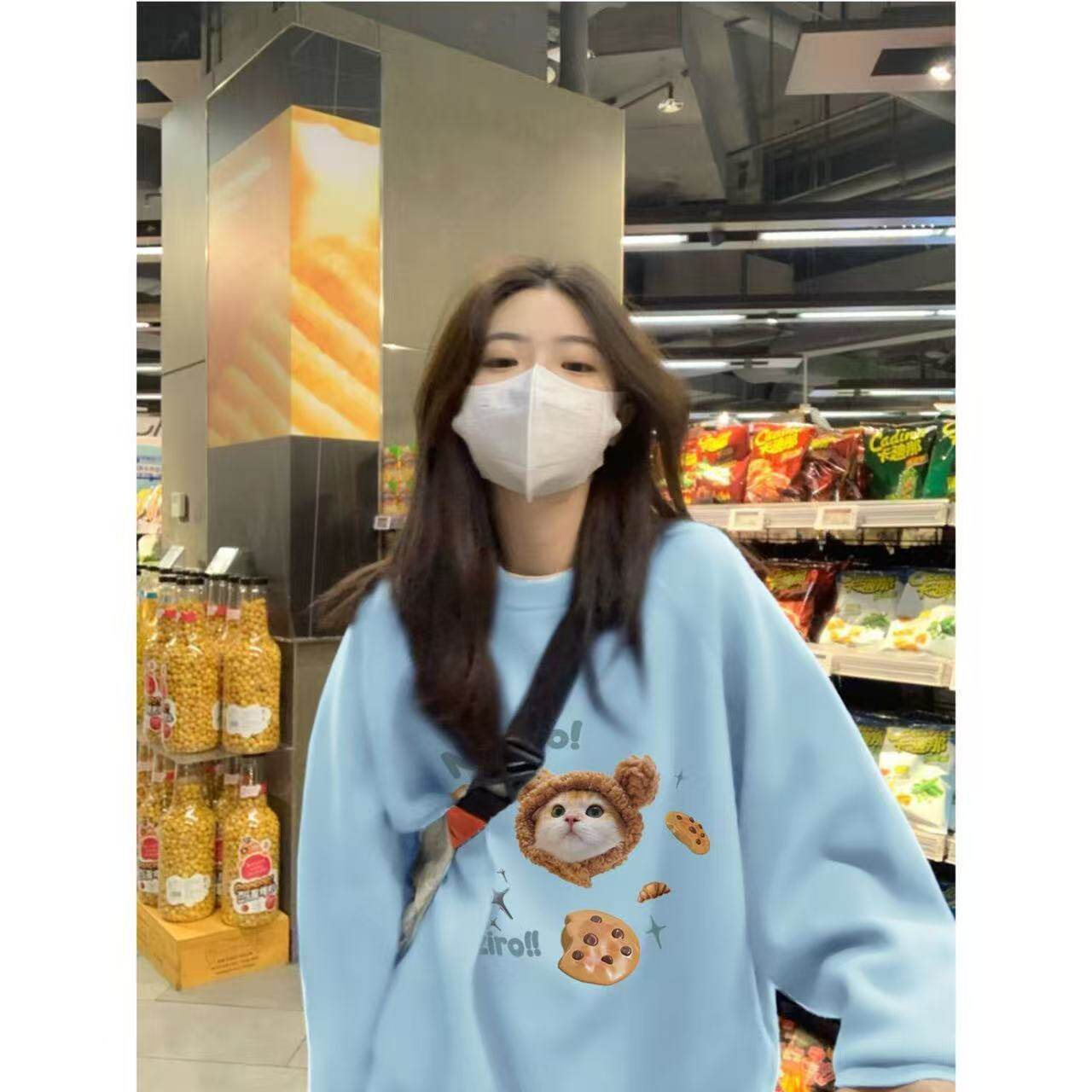 可爱猫咪冬季圆领卫衣女天蓝色韩版百搭宽松上衣ins