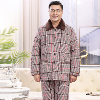 珊瑚绒家居服中老年冬季夹棉保暖睡衣套装法兰绒三层加厚男士