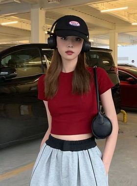 欧美短袖T恤女夏季2025新款辣妹韩版修身短款露肚脐ins 红色上衣