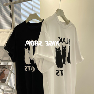 体恤上衣 百搭T恤女夏设计感半袖 纯棉落肩款 ins超火猫咪印花短袖