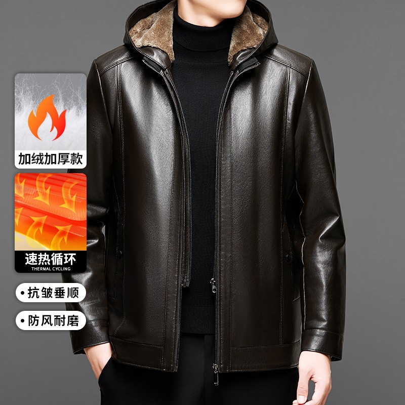 冬季爸爸装加绒皮衣帽子可拆男士加绒外套中老年加厚皮衣男式皮褂