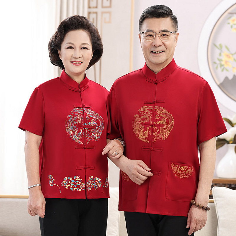 夏装中老年情侣唐装男女短袖生日过寿中式礼服老人民族风薄款