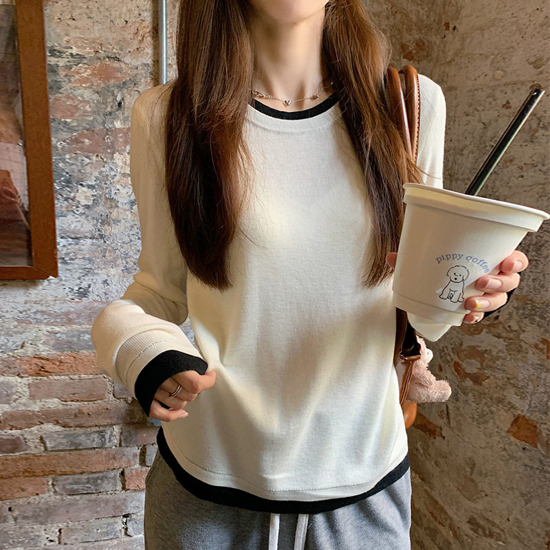 2025秋冬季假两件正肩长袖t恤女 保暖德绒磨毛内搭打底衫女款