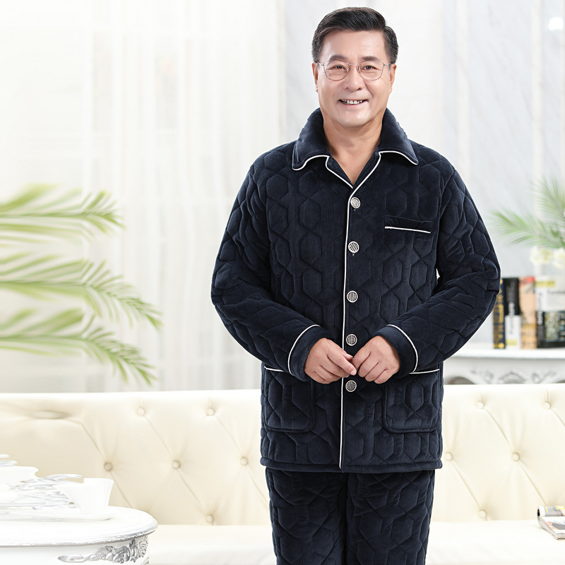 家居服珊瑚绒保暖睡衣中老年夹棉三层套装法兰绒冬季加厚男士