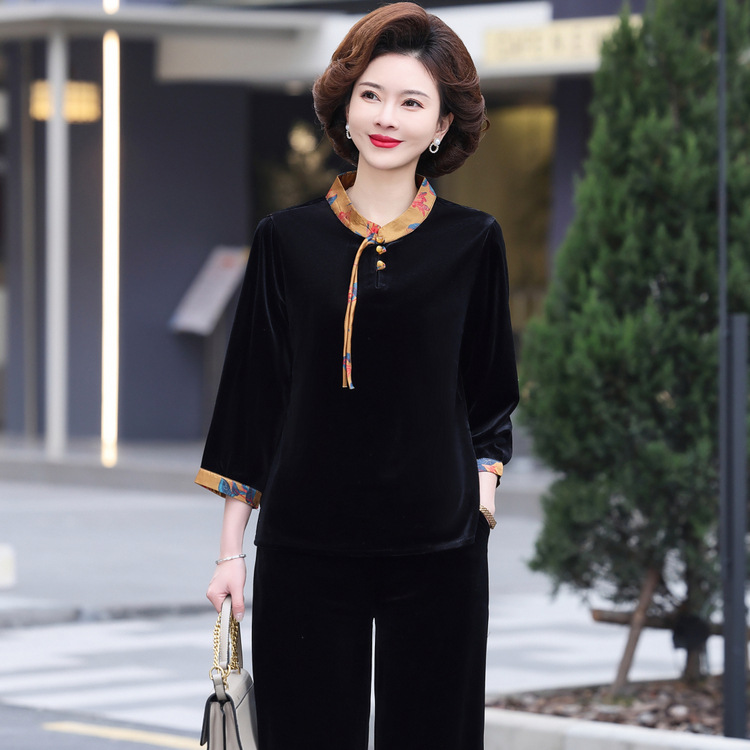 2025新款金丝绒运动服两件套中老年女秋装上衣新中式妈妈春秋