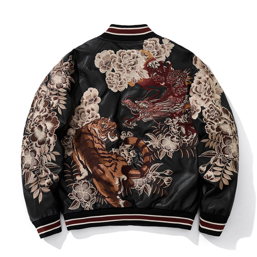 龙虎重工刺绣夹克加绒加厚皮衣棉服外套上衣男棒球服秋冬保暖潮牌