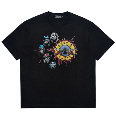 枪炮与玫瑰Roses重磅美式透气印花骷髅漫画落肩宽松短袖T恤夏季新