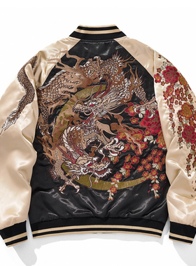 千往春秋新款重工龙刺绣棒球服夹克中国风男士外套国潮三龙上衣新