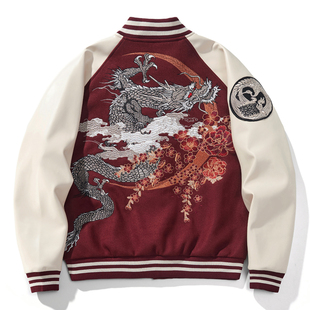 秋冬季新款重工龙刺绣棒球服横须贺男生外套夹克拼色上衣国风潮牌