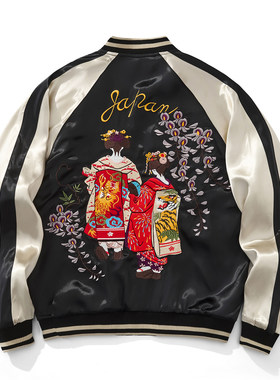 新款横须贺重工刺绣夹克棒球服男外套日系花魁缎面丝光春秋上衣潮