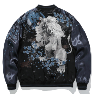 国风潮牌重工刺绣棒球服狮子王双面穿横须贺夹克男外套春秋上衣新