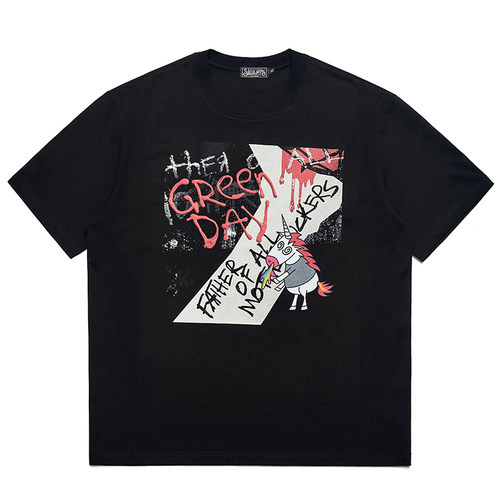 Green Day绿日乐队男女学生punk重磅短袖T恤粉独角马涂鸦宽松半袖