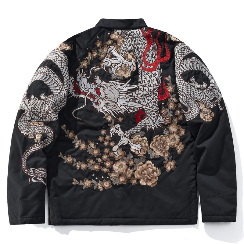 千往新款龙年盘扣重工刺绣外套夹克男上衣黑色外套龙刺绣复古小众