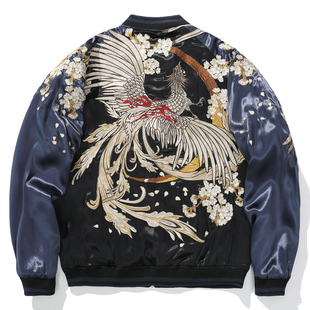 国潮双面穿横须贺重工龙刺绣夹克男生上衣外套神兽老虎朱雀棒球服