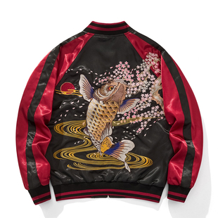2025新款锦鲤重工刺绣男女夹克外套国潮中国风上衣春秋季金鱼红色