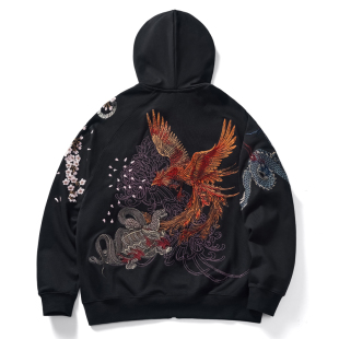 国潮拉链卫衣横须贺四神兽青龙白虎绣花外套男女情侣学生开衫春秋