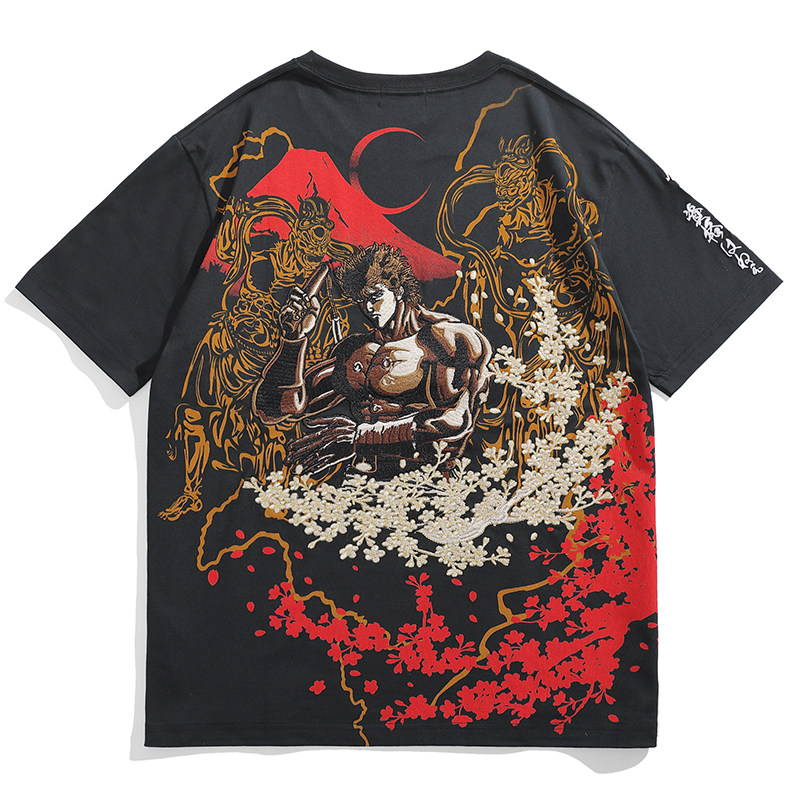 千往商店北斗神拳打虎横须贺格斗刺绣男生短袖t恤高街圆领动漫 潮