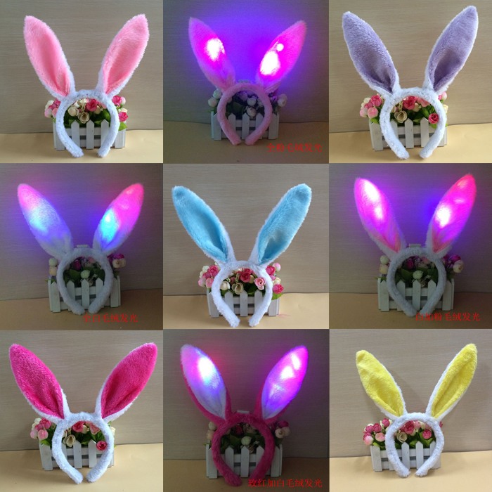 闪光兔子耳朵灯 新款亮片毛绒兔耳发夹头箍 发光长兔耳 热销疯卖