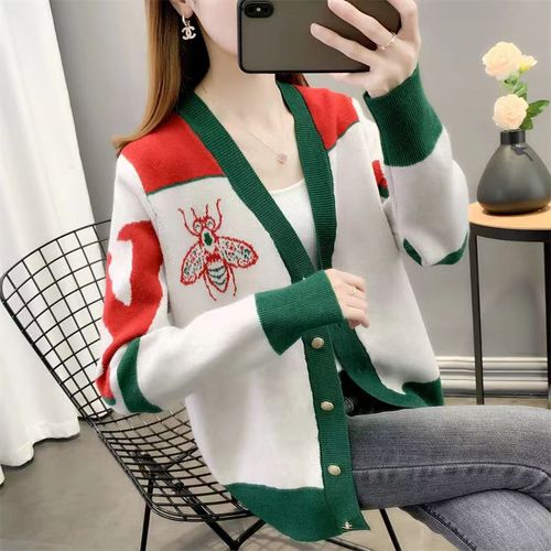 European Station 2023 Spring New Heavy Industry Jacquard V-neck Knitted Cardigan Women's Fashionable Style Color Blocking Bee Jacket