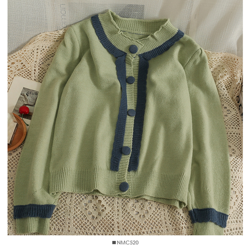 Contrast Matcha green knitted sweater cardigan jacket women's round neck loose short top sweet aging