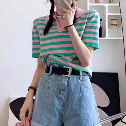 Korean version 2022 summer new striped polo shirt Lapel small slim fit short sleeve sweater women's top