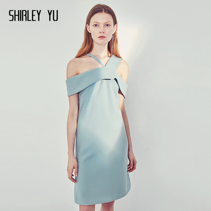 SHIRLEY YU夏新款原创设计连衣裙新款吊带蓝一字肩聚会洋装小礼服