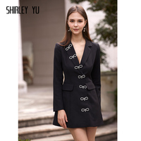 SHIRLEY YU2024春夏款黑色V领西装连衣裙女名媛宴会性感气质礼服