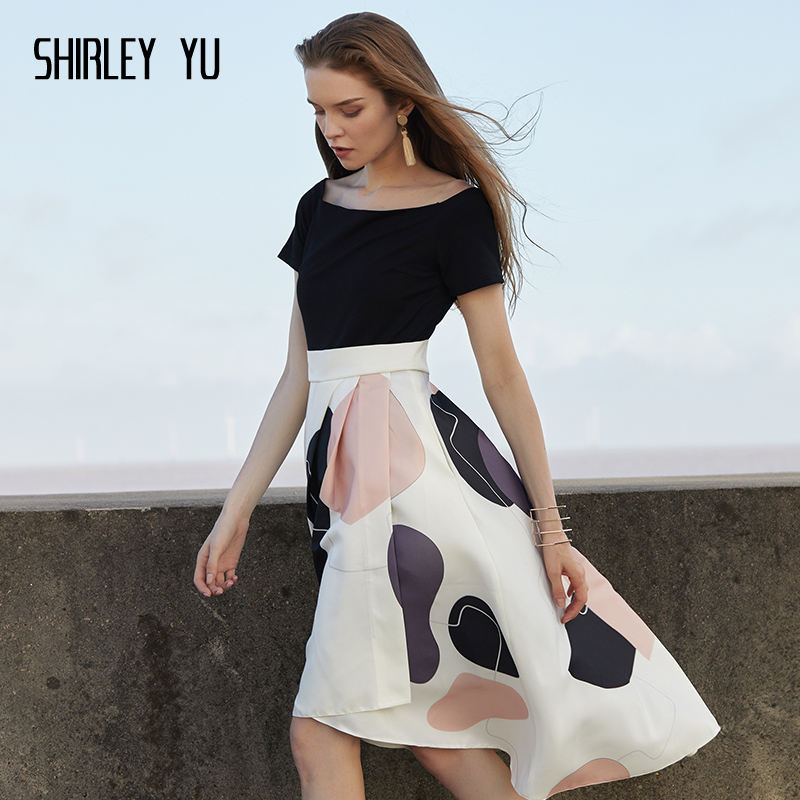 新款黑色一字肩A字连衣裙礼服