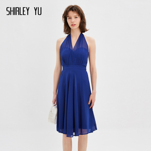 2024宝蓝色露背V领挂脖连衣裙年会礼服女 SHIRLEY YU爱乐之城同款