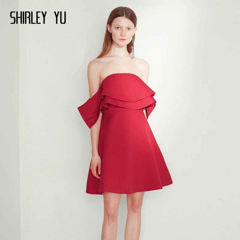 shirley yu夏一字肩连衣裙荷叶边年会红色聚会小礼服伴娘服抹胸裙