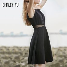 SHIRLEY YU2025春夏新款原创设计黑色露腰连衣裙A字短款修身裙女