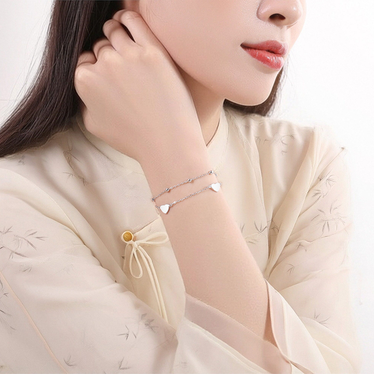 S925银爱心圆珠双层手链女时尚轻奢百搭新中式节日新年送女友礼物