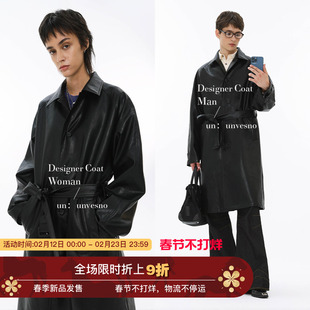 Unvesno(UN) 保暖冬季Vintage诺丁山皮衣翻领中长款复古风衣外套