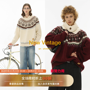 Unvesno (UN)易烊千玺同款费尔岛复古色提花圆领针织衫厚毛衣保暖